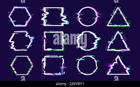 Cadre effet de démangeaison. Bug TV léger, danse formes géométriques et anneau numérique. Cercles, triangles et carrés de néon abstraits. Art future technologie racy Illustration de Vecteur