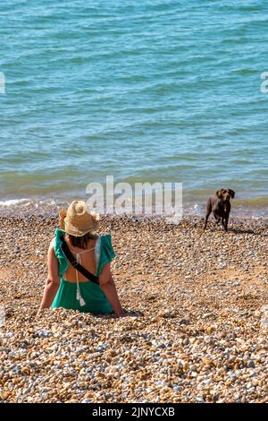 femme assise sur la plage avec un chapeau de paille laissant son chien nager dans la mer, plage de galets à hastings dans le kent, royaume-uni, chien de marche sur la plage ensoleillée. Banque D'Images