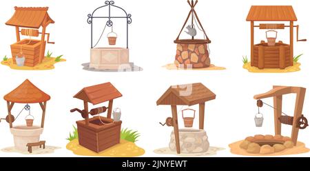 Puits d'eau de dessin animé. Bois et pierre ancien rural bien dans le jardin du village, ancien médiéval souhaitant tirer-bien rustique de la ferme source de boisson fraîche seau sur la poulie de manivelle vecteur de ferme de bois bien illustration Illustration de Vecteur