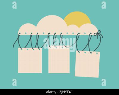 Feuilles de papier vierges suspendues sur un nuage. Modèles pour votre conception, cartes postales, affiches, etc. Illustration à plat Vector mignon. Illustration de Vecteur