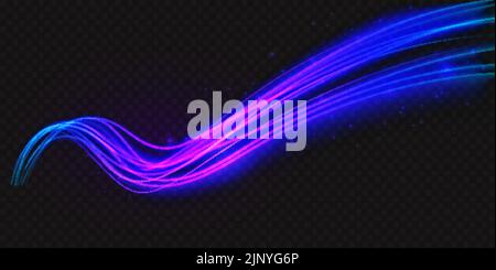Onde lumineuse en forme de néon, illustration vectorielle abstraite à effet de lumière. Lignes courbes ondulées violettes fluo bleu vif, énergie de lueur magique mouvement particule isolé transparent noir fond. Illustration de Vecteur