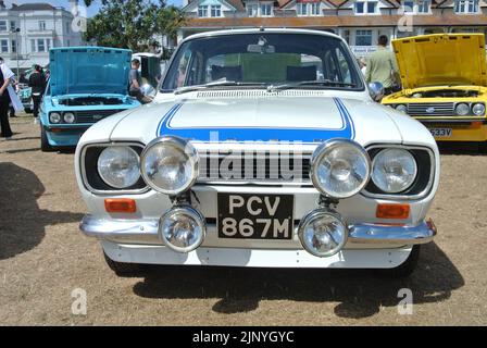 Une Ford Escort Mk1 1974 exposée au salon automobile classique de la Côte d'Azur, Paignton, Devon, Angleterre, Royaume-Uni. Banque D'Images