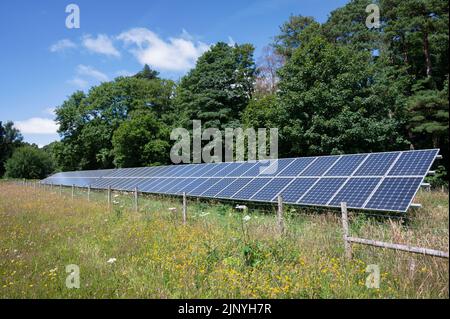 Une rangée de panneaux solaires installés dans un champ rural au Royaume-Uni Banque D'Images