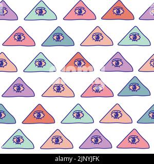 Texture pastel sans couture et colorée avec tous les symboles de la pyramide des yeux. Triangle avec œil. Répétition. Un arrière-plan original et moderne pour votre conception. Illustration de Vecteur