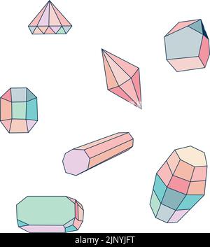 Un ensemble de pierres précieuses en cristal. Cristaux colorés. Bijoux, diamant, émeraude, rubis, saphir. Illustration de Vecteur
