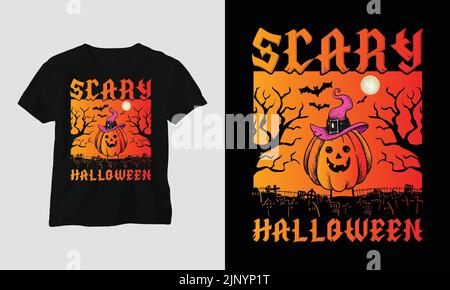 Halloween Day Special T-shirt graphique avec “Halloween” Design Vector T-shirt, mag, sticker, tapis mural, etc. Modèle vectoriel de conception Illustration de Vecteur