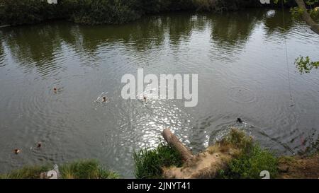 La photo d'illustration montre une photo de drone aérien montrant des gens qui apprécient d'être le long de l'eau à la berge Hoge le long de l'Oude Leie, à Deinze, dimanche 14 août 2022. BELGA PHOTO NICOLAS MATERLINCK Banque D'Images
