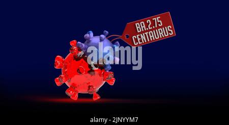 Breaking News: Nouvelle sous-variante BA.2,75 Centaurus du SRAS-COV-2 coronavirus découvert. 3D rend la cellule de bactéries Covid-19, étiquette de nom, espace de copie dans l'obscurité Banque D'Images