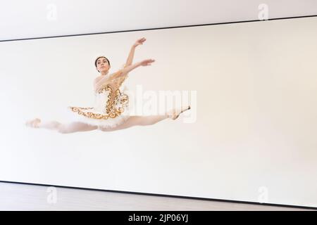 Une jeune ballerine charmante fait des exercices de ballet dans un saut dans le studio de ballet Banque D'Images