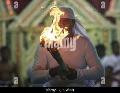 Colombo, Sri Lanka. 14th août 2022. Une danseuse traditionnelle sri-lankaise se produit lors de la cérémonie traditionnelle du rituel 'Gammaduwa' dans le village de Nawagamuwa près de Colombo sur 13 août 2022. Parmi les yatukarma détenus dans les régions du pays bas du Sri Lanka, le Gammaduwa Shanthikarma est un des plus importants yatukarma visant à la prévention des maladies et de la fertilité des Sri Lanka. Gammaduwa Shanthikarma a commencé dans la région de Ruwanwella sous le nom de 'devol Maduwa' pour un engin de prévention de la maladie. Il est devenu le principal Shanthikarma de la tradition de danse de bas pays composé des trois principales traditions de danse de Matara, Bent Banque D'Images