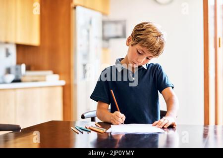 Les devoirs aident à développer des habiletés et des habitudes d'études positives. Un jeune garçon fait ses devoirs. Banque D'Images