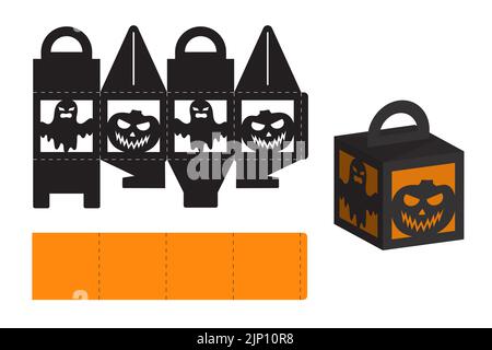 Boîte à friandises Joyeux Halloween. Coffret cadeau de faveur pour bonbons, bonbons, petits cadeaux, boulangerie. Modèle de découpe d'emballage simple pour découpe au laser, grand de Illustration de Vecteur