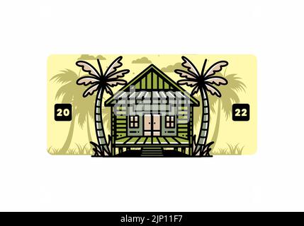 Emblème d'illustration d'une maison en bois sur la plage Illustration de Vecteur