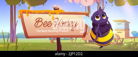 Bannière avec abeille mignonne près de panneau en bois avec du miel goutte à goutte sur l'apiaire à la prairie forestière avec des ruches, arbres et fleurs en fleurs au paysage ensoleillé de jour d'été, Cartoon vecteur ferme annonces produit promo Illustration de Vecteur