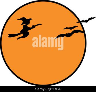 lune orange avec silhouette de sorcière et de chauve-souris Illustration de Vecteur