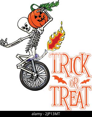 squelette de dessin animé sur un monocycle - trick or treat Illustration de Vecteur
