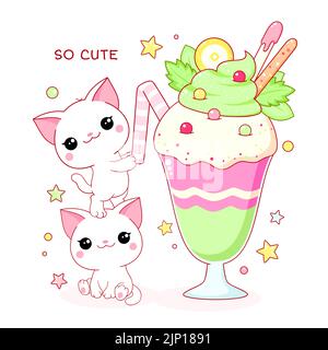 Carte mignonne en style kawaii. Deux chats adorables avec un milk shake. Inscription si mignon. Illustration vectorielle EPS8 Illustration de Vecteur