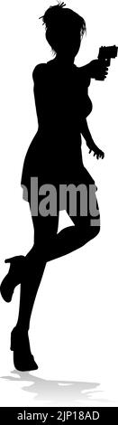 Femme Silhouette action Secret Agent Spy avec pistolet Illustration de Vecteur
