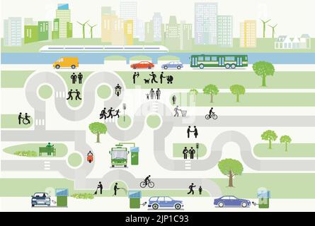 Paysage urbain avec sources d'énergie de remplacement – carte de la ville, illustration Illustration de Vecteur