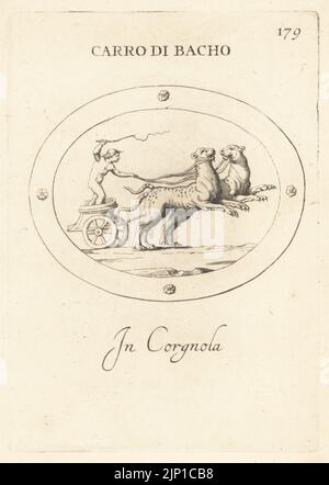 Cupid, Dieu romain d'amour, conduisant un char de Bacchus, dieu du vin. Le char biga est dessiné par deux léopards. En carnélien. Carro di Bacho. Dans corgnola. Gravure de coperplate par Giovanni Battista Galestuzzi d'après Leonardo Agostini de gemmae et Sculpturae Antiquae Depitti ab Leonardo Augustino Senesi, Abraham Blooteling, Amsterdam, 1685. Banque D'Images