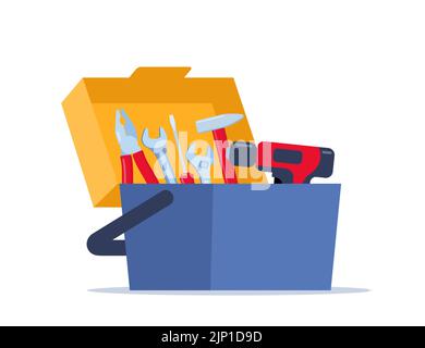 Boîte à outils ouverte avec instruments à l'intérieur. Boîte à outils de Workman. Coffre à outils avec outils à main. Boîte de travail plate. Illustration vectorielle Illustration de Vecteur