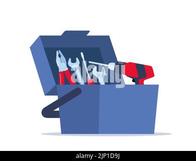 Boîte à outils ouverte avec instruments à l'intérieur. Boîte à outils de Workman. Coffre à outils avec outils à main. Boîte de travail plate. Illustration vectorielle Illustration de Vecteur