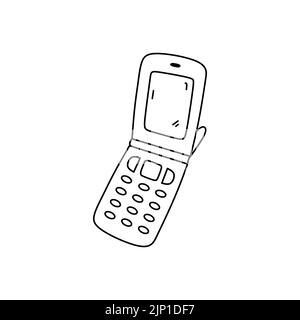 Téléphone à clapet rétro isolé sur fond blanc. Illustration vectorielle dessinée à la main, style doodle. Téléphone portable à l'ancienne. Parfait pour les décorations, le logo, divers motifs. Illustration de Vecteur