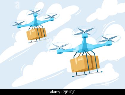 Drone pour l'alimentation en air. Livraison de drones de robot de vol, express robot expédition concept. Technologies modernes dans le transport de marchandises. Illustration vectorielle de dessin animé. Illustration de Vecteur