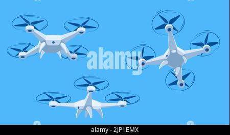 Drone volant avec fond bleu ciel, illustration vectorielle. Des drones de dessin animé volant sous différents angles. Illustration de Vecteur