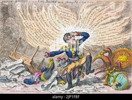 Napoléon Bonaparte, dans une rage sur la situation politique avec la Grande-Bretagne. 1803 a été une année difficile pour Napoléon. Parmi de nombreux événements, il a perdu la colonie de Saint-Dominque (Haïti moderne), vendu le territoire de la Louisiane aux États-Unis et, en mai de cette année, la Grande-Bretagne a déclaré la guerre contre lui. Sur la photo, ses futurs plans (y compris une expédition vers la lune) se sont mis en lambeaux. Après une oeuvre de 1803 de l'artiste britannique James Gillray, 1756 - 1815. Banque D'Images