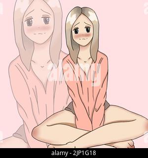 jolie jolie fille en chemise rose assis et souriant anime illustration Illustration de Vecteur