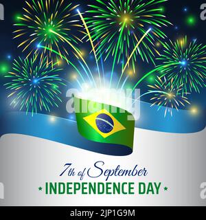 7 septembre, jour de l'indépendance du brésil, modèle vectoriel avec drapeau brésilien et feux d'artifice colorés sur fond bleu ciel de nuit. Fête nationale du Brésil Illustration de Vecteur