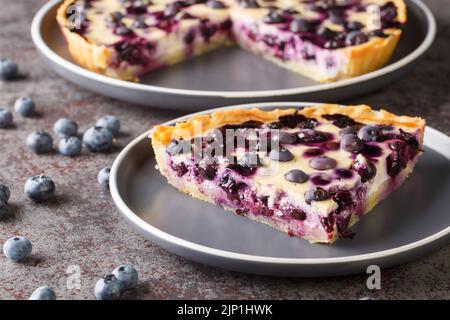 morceau de tarte aux myrtilles maison fraîchement cuit dans une assiette sur une table. Horizontale Banque D'Images