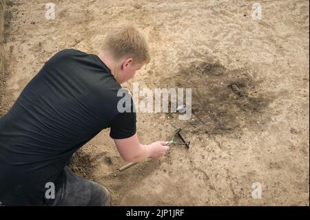 Helfta, Allemagne. 15th août 2022. La décoloration de la terre indique une fosse à déchets de l'ancien palais royal. De vastes fouilles archéologiques se poursuivent sur une superficie de 1500 mètres carrés. Sur le site de l'ancien palais royal près de Helfta, des bâtiments majestueux seront découverts cette année. Credit: Heiko Rebsch/dpa/Alay Live News Banque D'Images