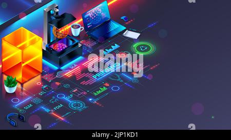 Imprimante SLA 3D, ordinateur portable sur table dans l'atelier du fabricant d'additifs 3D. 3d impression du concept isométrique. Lieu de travail d'ingénierie. ordinateur à 3d imprimantes Illustration de Vecteur