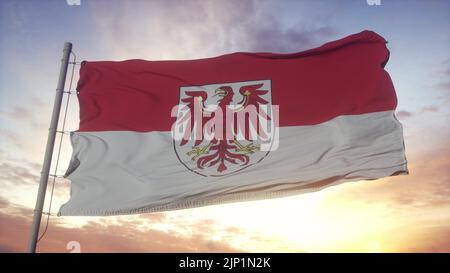 Drapeau de Brandebourg, Allemagne, agitant dans le vent, le ciel et le soleil fond. 3d illustration Banque D'Images