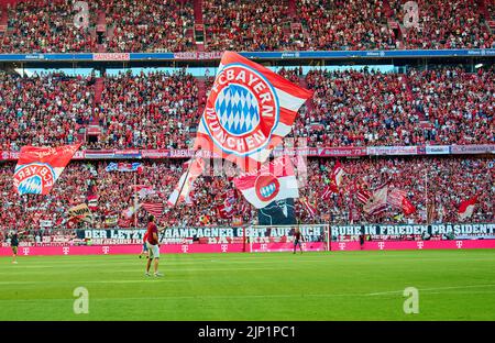 Munich, Allemagne. 14th août 2022. Fans avec drapeaux dans le match FC BAYERN MÜNCHEN - VFL WOLFSBURG 2-0 1.Ligue allemande de football le 14 août 2022 à Munich, Allemagne. Saison 2022/2023, match jour 2, 1.Bundesliga, FCB, München, 2.Spieltag © Peter Schatz / Alamy Live News - LA RÉGLEMENTATION DFL INTERDIT TOUTE UTILISATION DE PHOTOGRAPHIES comme SÉQUENCES D'IMAGES et/ou QUASI-VIDÉO - Banque D'Images