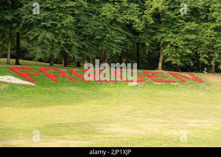 Muenster, Allemagne, 9 juillet 2022 la paix écrit en allemand avec des fleurs rouges dans un parc idyllique le matin dans le centre-ville Banque D'Images