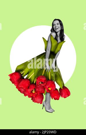 Vertical magazine affiche art collage de charmante souriante élégante dame portant tulipes fleurs robe femme jour anniversaire date présent Banque D'Images