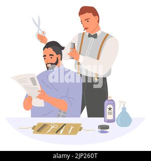 Barber faisant coupe de cheveux pour l'homme dans le vecteur barbershop Illustration de Vecteur