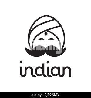 Indian sourire visage homme logo dessin animé dessin d'illustration, circulaire turban vecteur Illustration de Vecteur