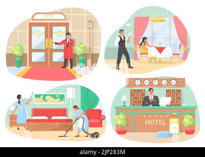 Le personnel et les services de l'hôtel ont une scène vectorielle isolée Illustration de Vecteur