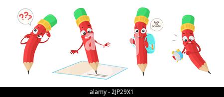 Mignon crayon personnage école fournitures ensemble de vecteur Illustration de Vecteur
