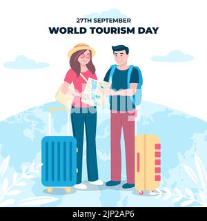 Illustration plate pour la célébration de la Journée mondiale du tourisme, une fille et un gars sont debout et regardent une carte illustration vectorielle Illustration de Vecteur