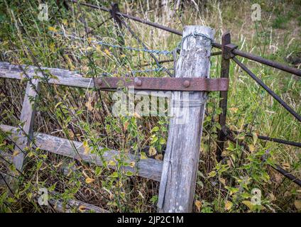 Ancienne barrière en bois cassée avec charnière en métal et fil barbelé reposant sur une clôture en métal. Banque D'Images