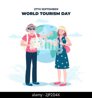 Illustration plate pour la célébration de la Journée mondiale du tourisme, une fille et un gars sont debout et regardent une carte illustration vectorielle Illustration de Vecteur