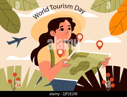 Illustration plate pour la célébration de la Journée mondiale du tourisme, fille regardant la carte illustration vectorielle Illustration de Vecteur