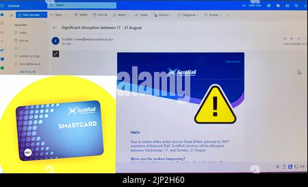 Glasgow, Écosse, Royaume-Uni 15th août 2022. ScotRail avertit les clients de grèves par e-mail aux détenteurs de cartes à puce qui utilisent des cartes mensuelles du mercredi 17th au dimanche 21st août. Crédit Gerard Ferry/Alay Live News Banque D'Images