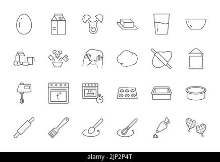 Jeu d'icônes de la ligne de cuisson. Icônes de boulangerie - mélangeur, verre, four de préchauffage, forme, beurre, œuf, lait, broche à roulettes, fouet, sac de confiserie, cuisinière. Contour simple Illustration de Vecteur