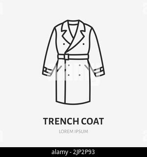 Icône de la ligne d'enfile du trench coat. Illustration vectorielle fine des vêtements d'automne. Affiche linéaire de couleur noire pour les vêtements d'extérieur Illustration de Vecteur